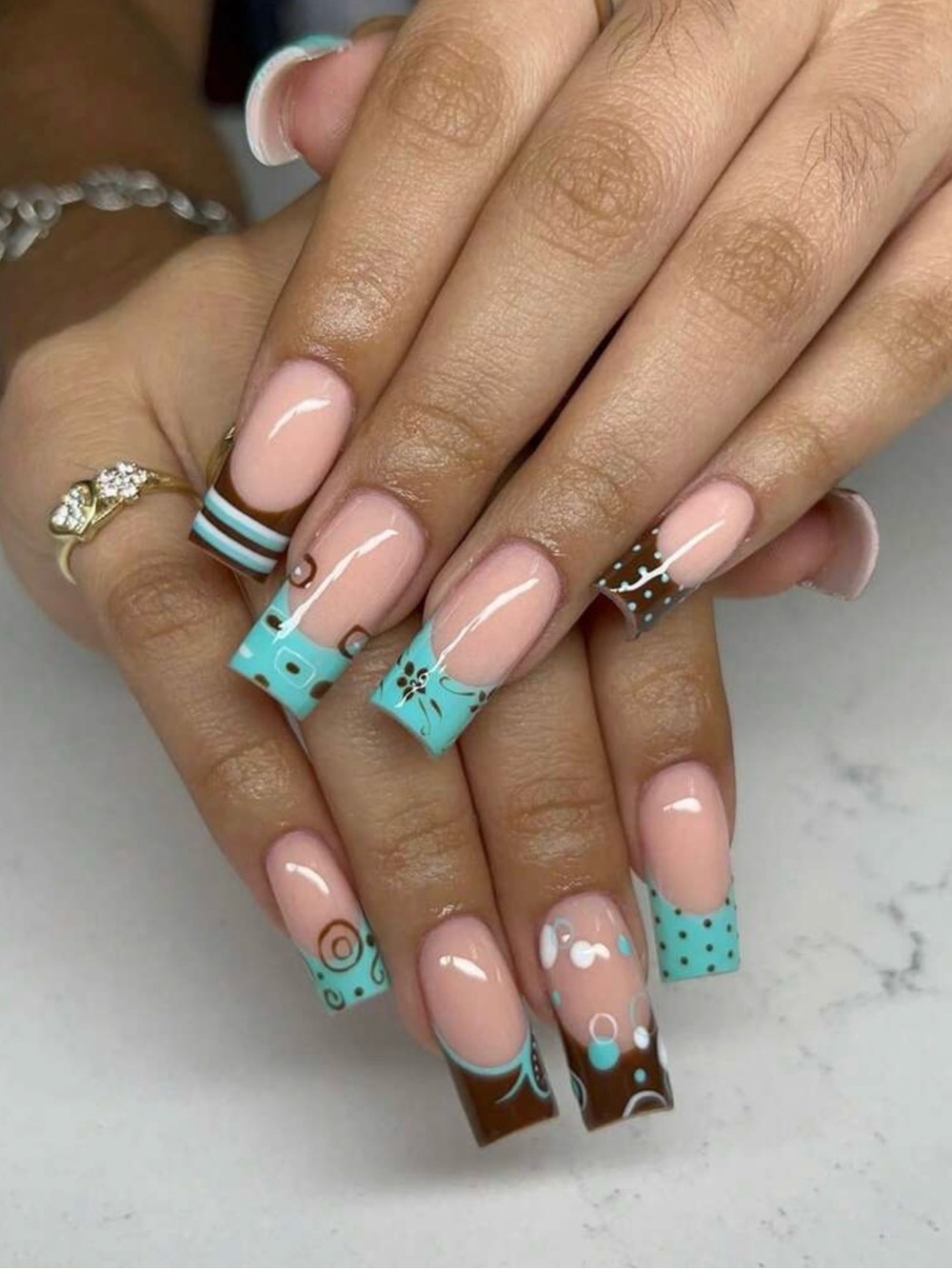Aquamarine & Brown Floral French Tip Acrylic Nails - Women Makeup